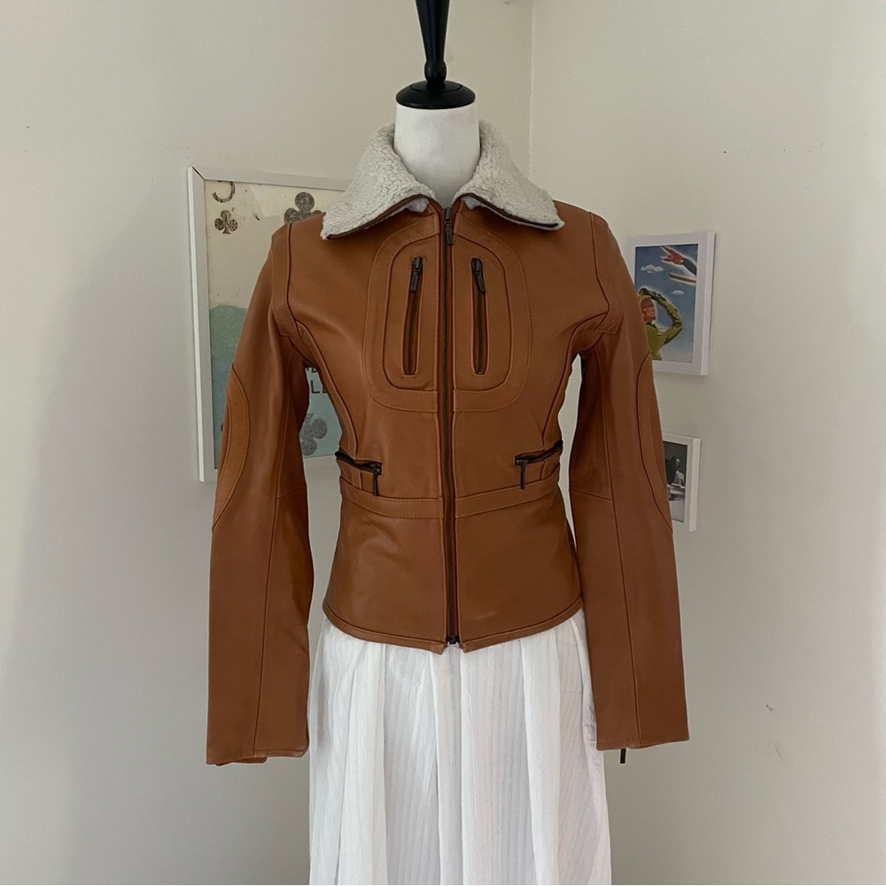 Vintage Tan Leather Jacket with Cream Collar